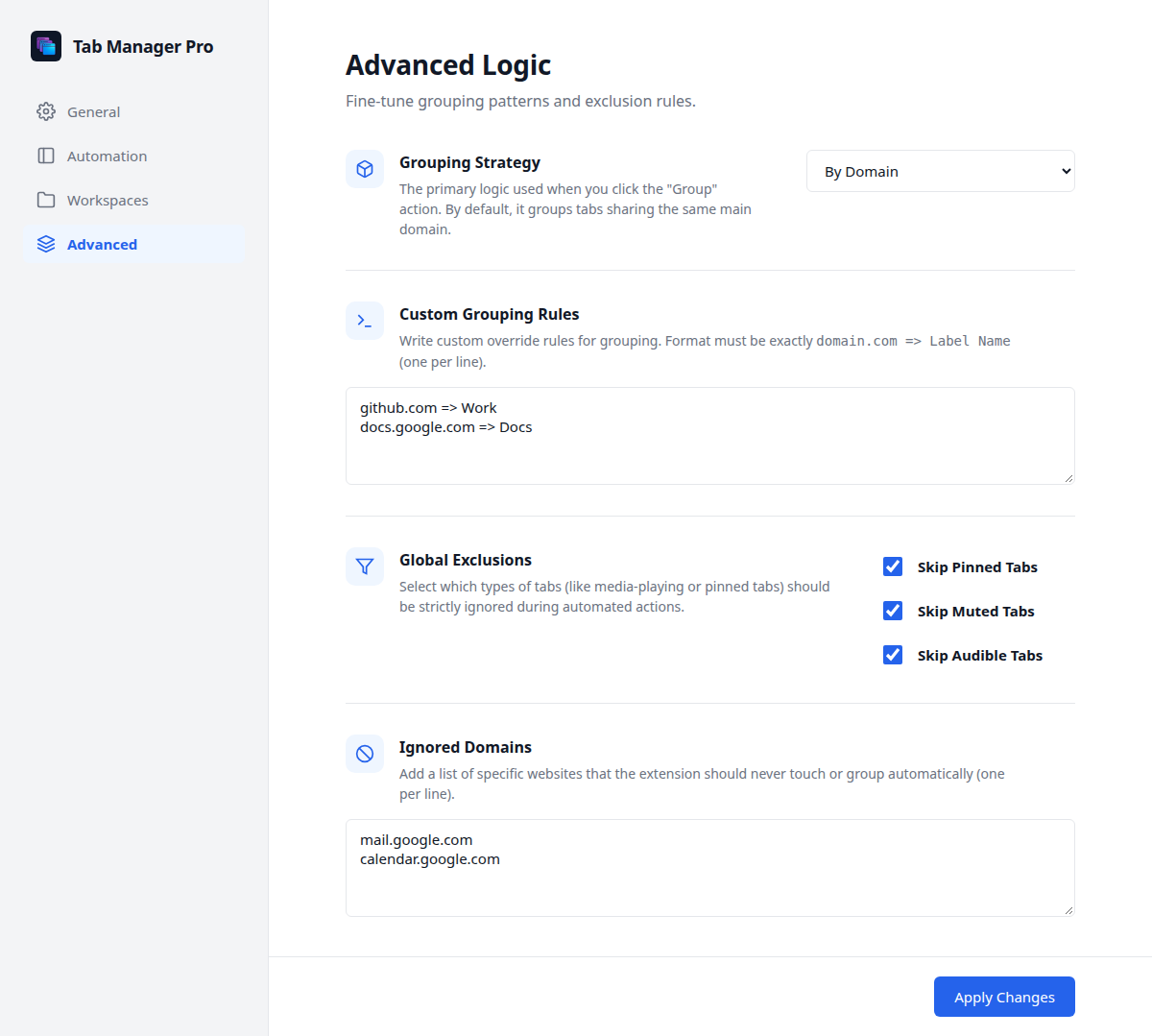 Advanced Logic settings for grouping strategy, custom grouping rules, global exclusions, and ignored domains