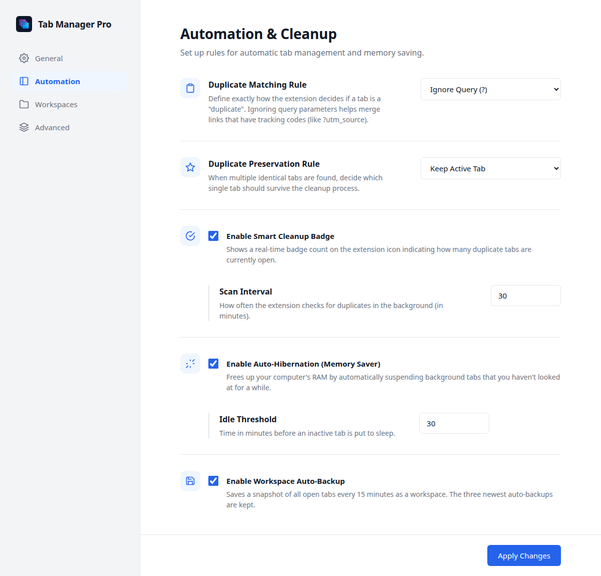 Automation and Cleanup settings for duplicate matching, smart cleanup badge, auto-hibernation, and workspace auto-backup