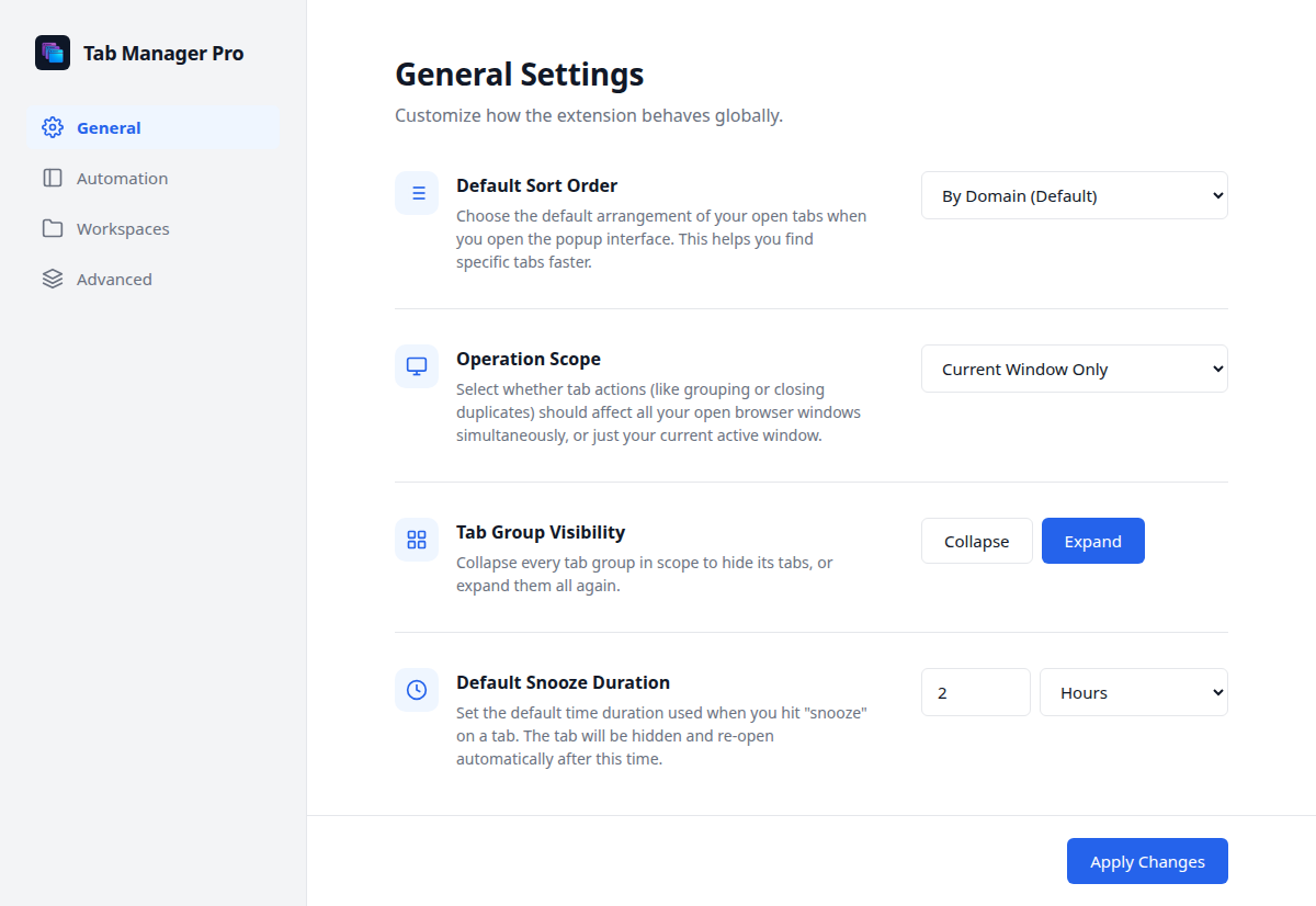 General Settings page with default sort order, operation scope, tab group visibility, and default snooze duration
