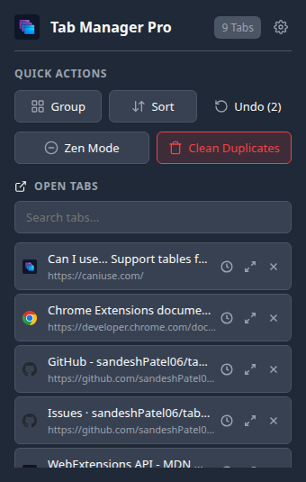 Tab Manager Pro popup in dark mode with the same quick actions and open tab list