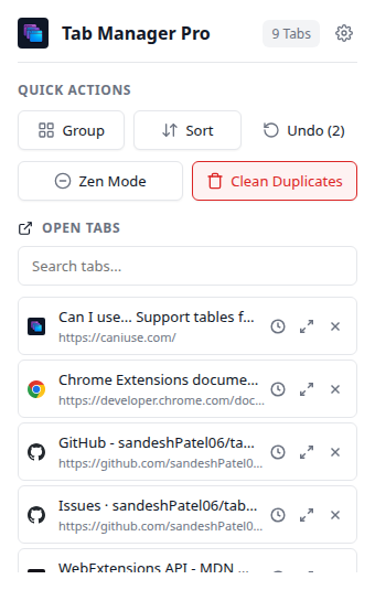 Tab Manager Pro popup in light mode showing Group, Sort, Undo, Zen Mode, Clean Duplicates, search, and the open tab list with focus, snooze, and close buttons